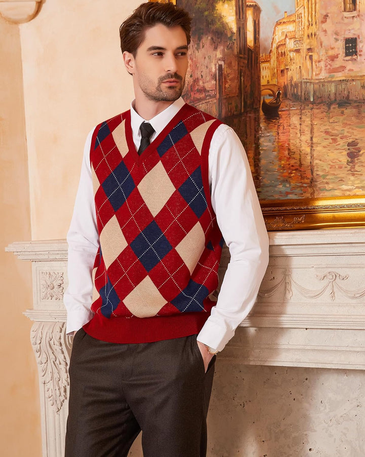 Kallspin Herren Argyle Gestrickt Ärmellos Pullover Wollmischung V-Ausschnitt Strickwesten L Burgunde