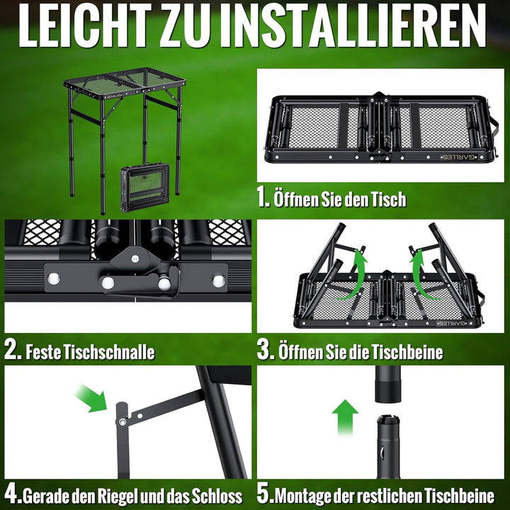 GARLLEN Grilltisch klappbar, 58x40cm &amp; 3 Höhenverstellbar(26/48/70cm), Leicht und Tragbar, Klapptisc