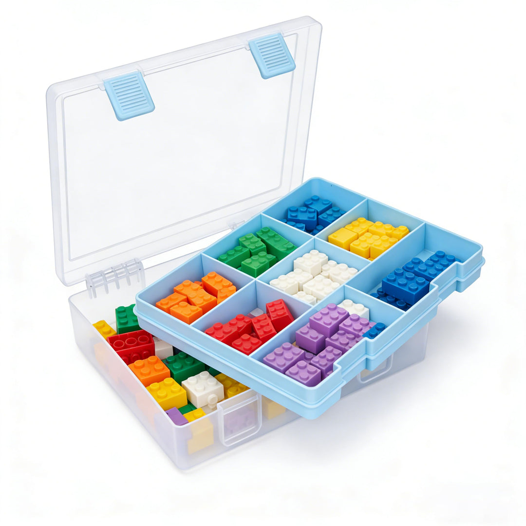 Zweistufig Aufbewahrungsbox für Lego, Bausteine Sortierbox mit 8 Fächern und 2 Druckknöpfen, Spielze