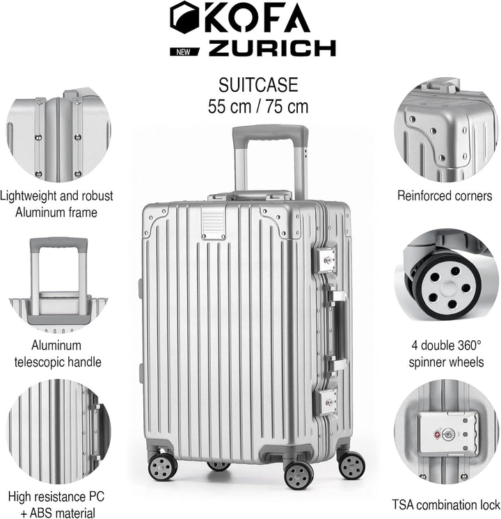 KOFA Zurich Kofferset 2 Teilig, M-55cm &amp; XL-75cm Alu-Rahmen &amp; Polycarbonat-Hartschale, Carry-on + Ch