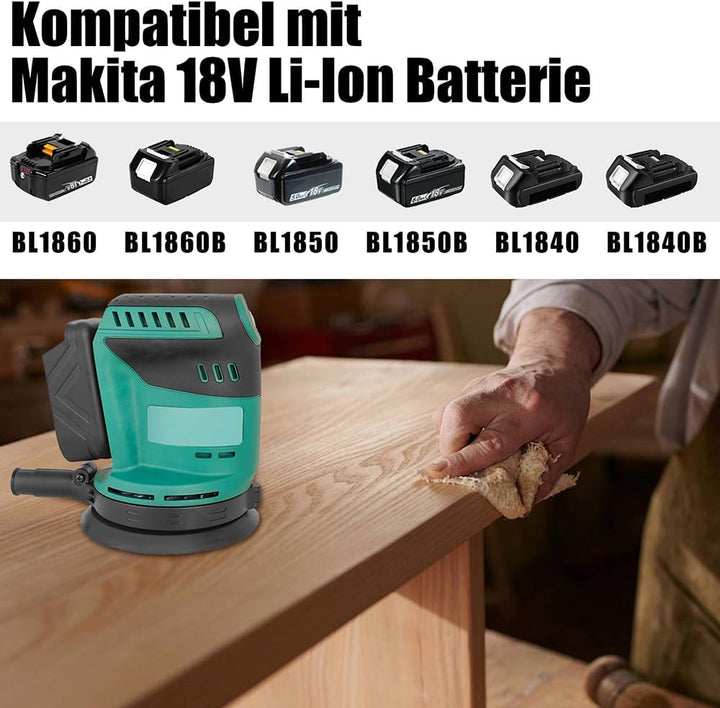 Akku-Exzenterschleifer,Ersatz für Makita 18V BL1830,3 Gänge 7500-15000RPM,12 pcs Schleifpapier (Körn