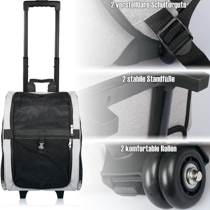 2IN1 Rucksack Trolley Hund Katze bis 15kg Transporttasche mit Rollen Hunderucksack Katzentrolley