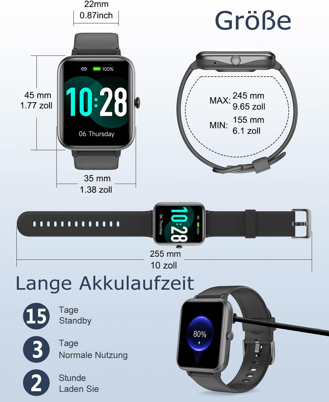 GRV Smartwatch für Damen Herren mit Telefonfunktion,Fitnessuhr mit Pulsmesser SpO2 Schlafmonitor Sch