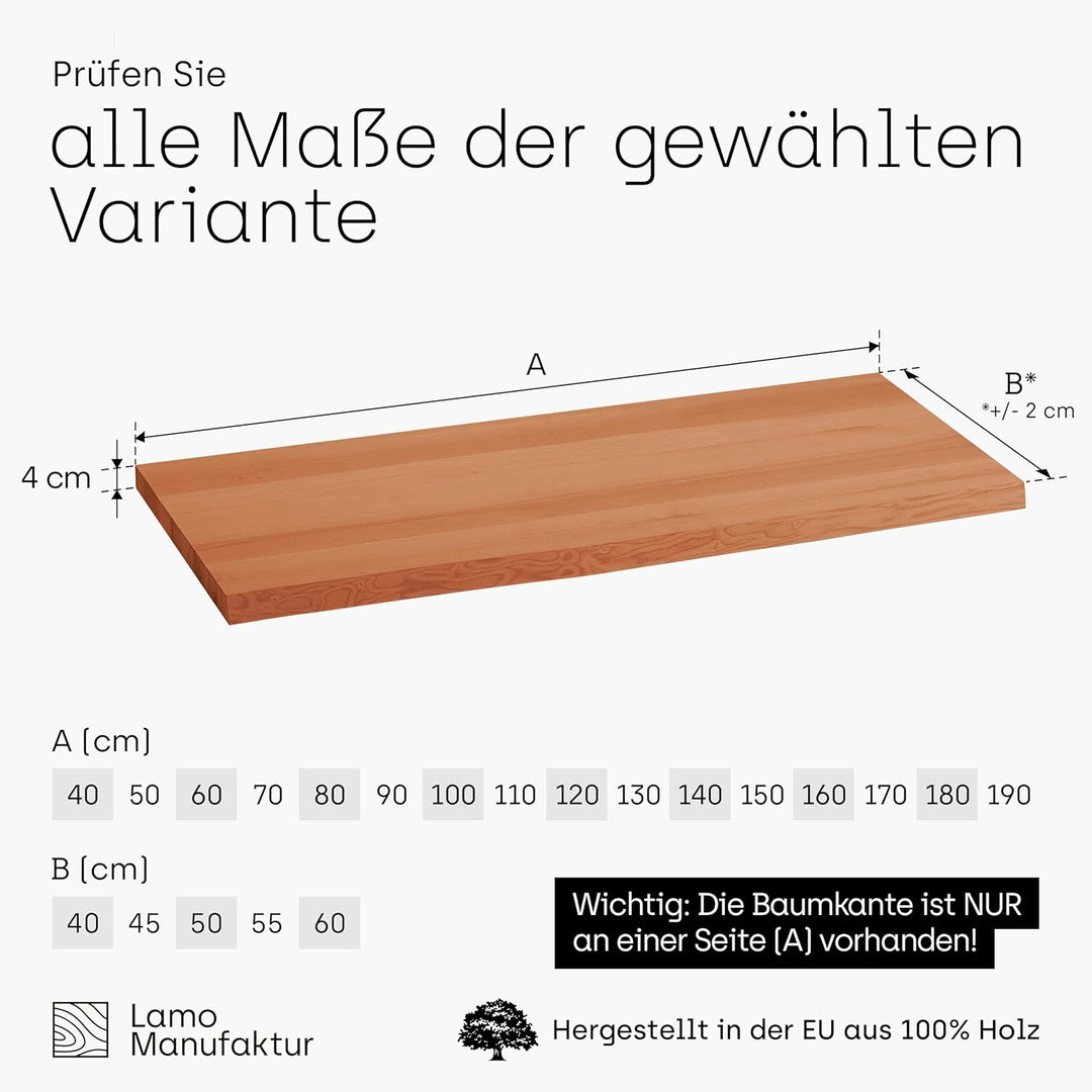 LAMO Manufaktur Waschtischplatte, Holzplatte Waschtisch Baumkante, 60x40 cm (AxB), Dunkel, ohne Mont