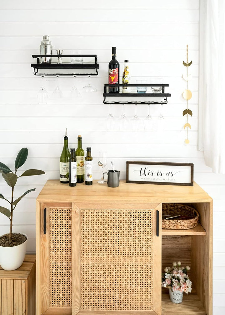 Mkono Wandmontierte Weinregale 2er Set Holz Rustikale Weinflasche Glas Schwimmregale mit Stemware Au