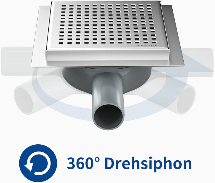 Bernkot Duschrinne Quadrat Edelstahl, 15×15cm Bodenablauf Dusche mit 360° Siphon Geruchsstop und Haa