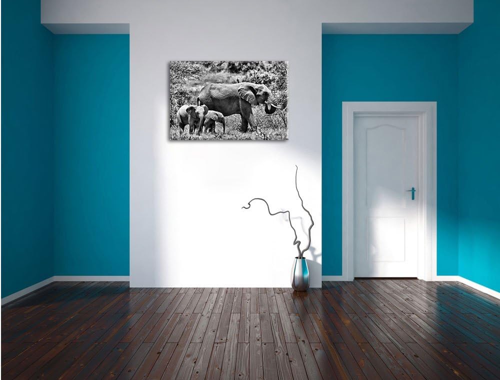 Pixxprint Monocrome, friedliche Elefantenfamilie, Format: 100x70 auf Leinwand, 100x70