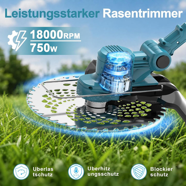 Rasentrimmer für Makita-Akkus mit 4 Klingentypen, Rasentrimmer mit Akku 2 4,0Ah und Unkrautbürste, 4