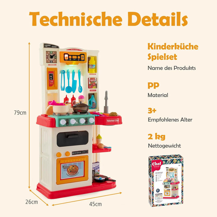 DREAMADE Kinderküche mit 38 TLG. Zubehör, Kinderspielküche mit Spülbecken Wasserhahn Herd Öfen, Spie