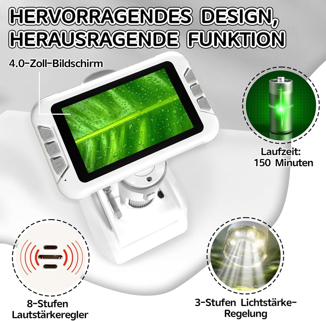 Mikroskop für Kinder, Digitales Mikroskop mit 4 Zoll LCD-Display und 1600X Grosse Vergrösserung, Mic