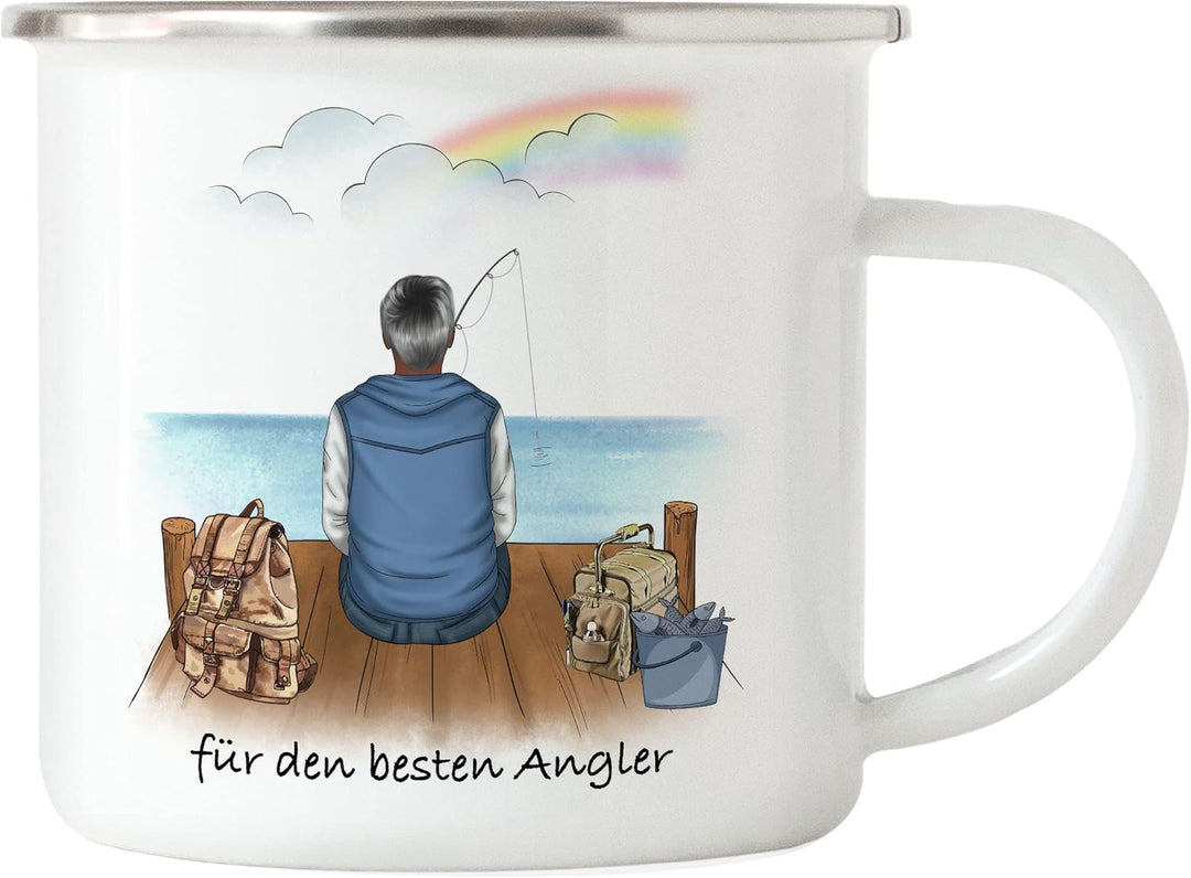 Angler Emaille Tasse Personalisiert Individuell mit Name Angeln Fischen Geschenk Opa Vater zum Vater