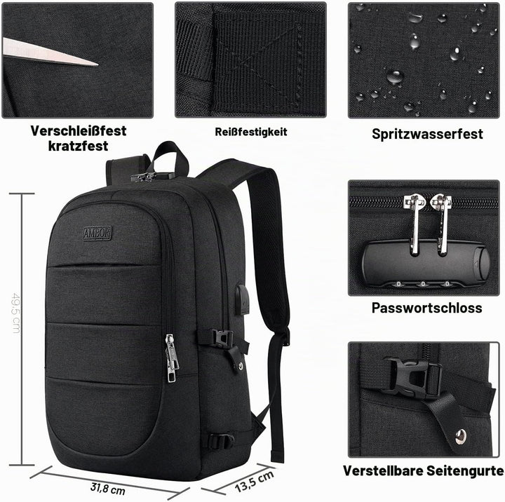 AMBOR Laptop Rucksack Herren, 17,3 Zoll Business Wasserdichter Rucksack Tasche mit USB Port&Schloss