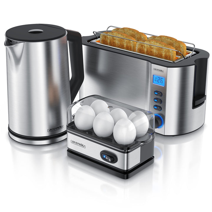 Arendo - Wasserkocher mit Toaster SET und Eierkocher, Edelstahl Silber Wasserkocher 1,5L 40°-100°C T