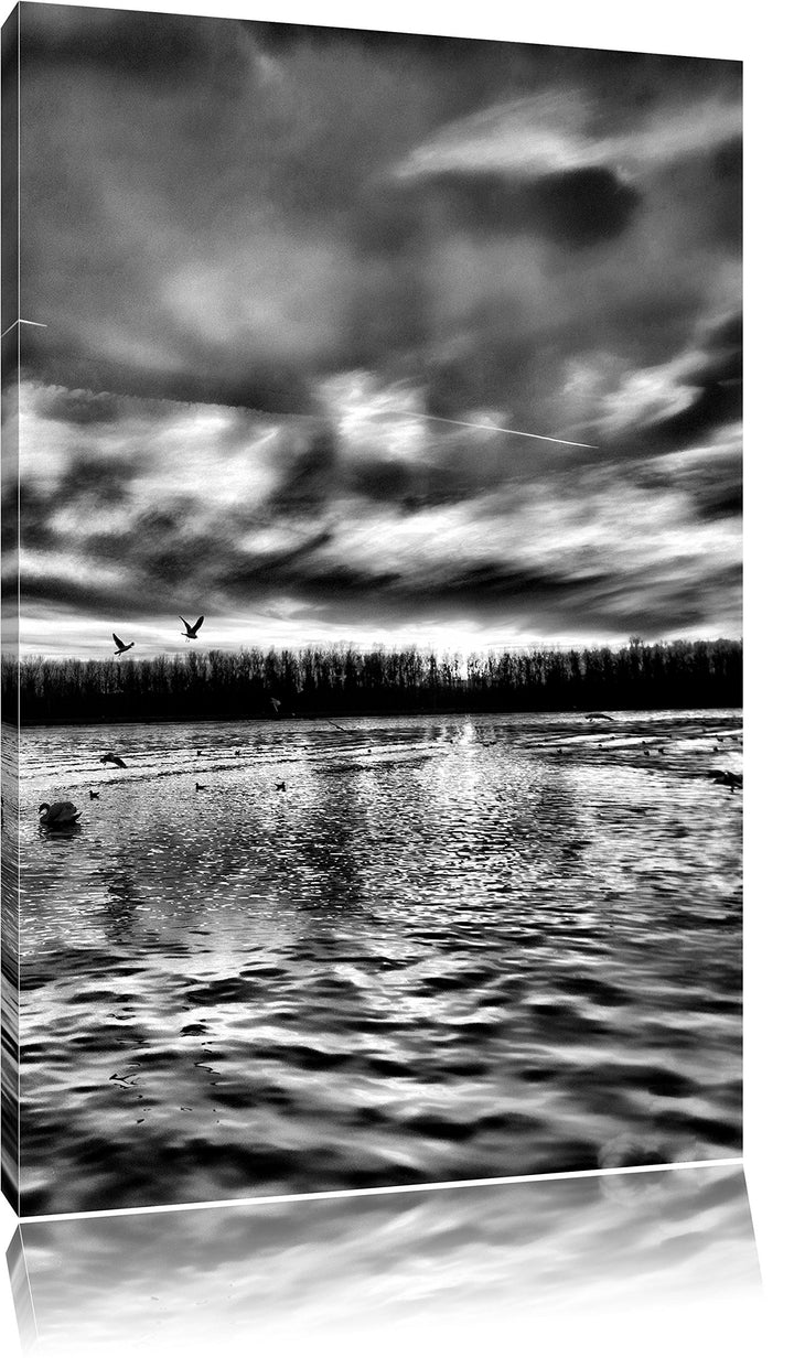 Pixxprint Schwäne im Sonnenuntergang / 100x70cm Leinwandbild bespannt auf Holzrahmen/Wandbild Kunstd