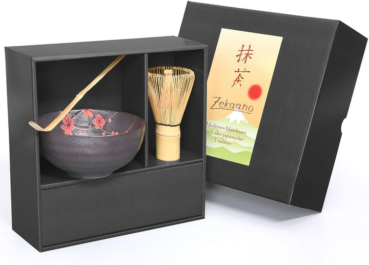 Matcha Starter Set 4-teilig, anthrazit/rot gesprenkelt, bestehend aus Matcha-Schale, Matcha-Löffel,