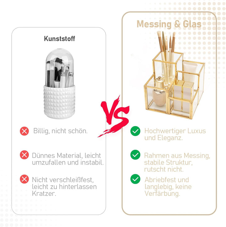 HARLIANGXY Make up Pinsel Organizer Gold, Pinselhalter Kosmetik 4 Fächer - Kosmetik Organizer Glas,