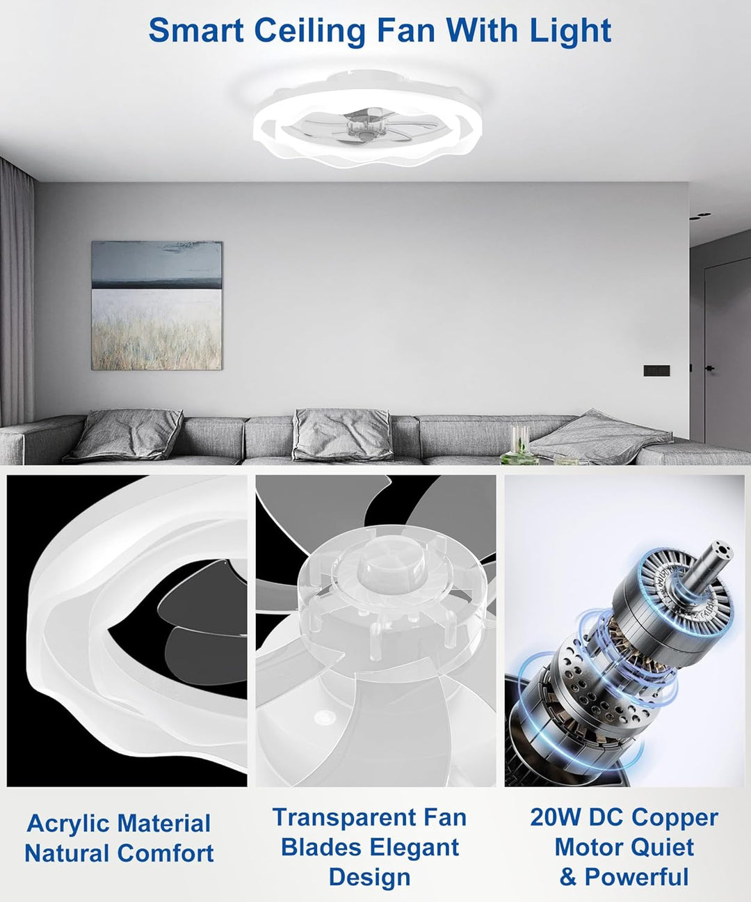 JAYNLT Deckenventilator mit Beleuchtung, Ø50CM Weiss Dimmbarer LED Deckenleuchte mit Ventilator 3000