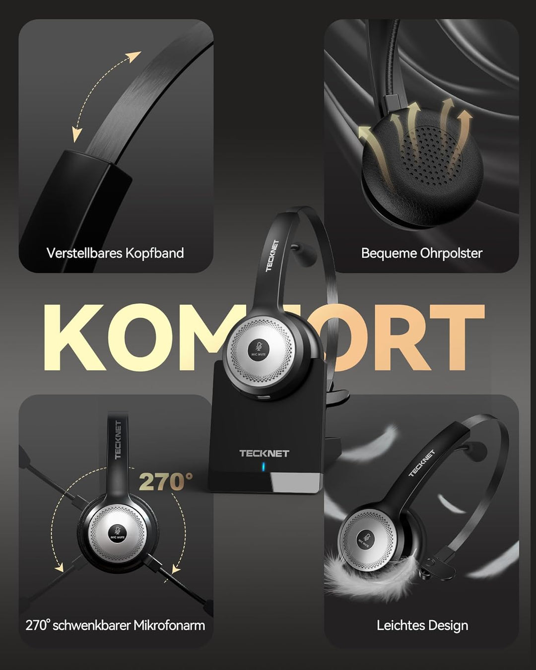 TECKNET Bluetooth Headset mit Mikrofon, PC Headset mit AI Rauschunterdrückung, kabelloses Headset mi