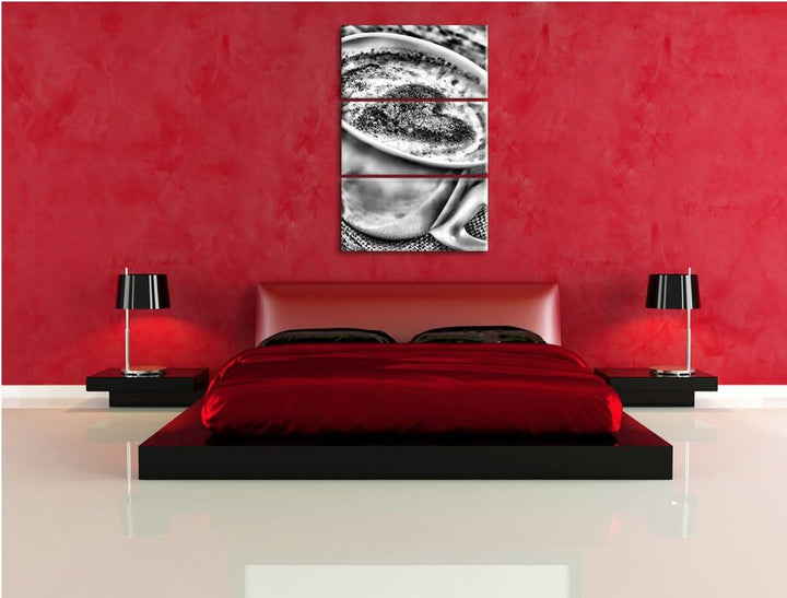 Pixxprint Monocrome, Kaffe mit Herz 3-Teiler Leinwandbild 120x80 Bild auf Leinwand