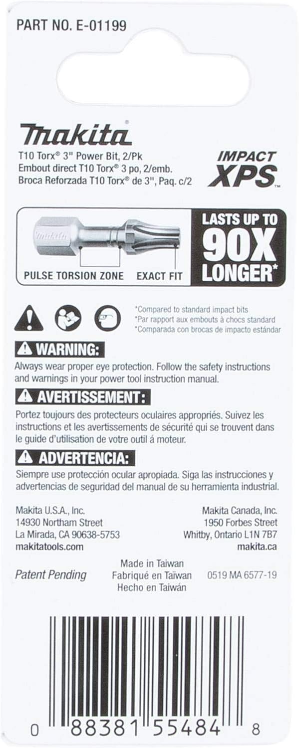 Makita E-01199 Impact XPS T10 Torx 3" Power Bit, 2/pk 2/Pk T10, 2/pk T10