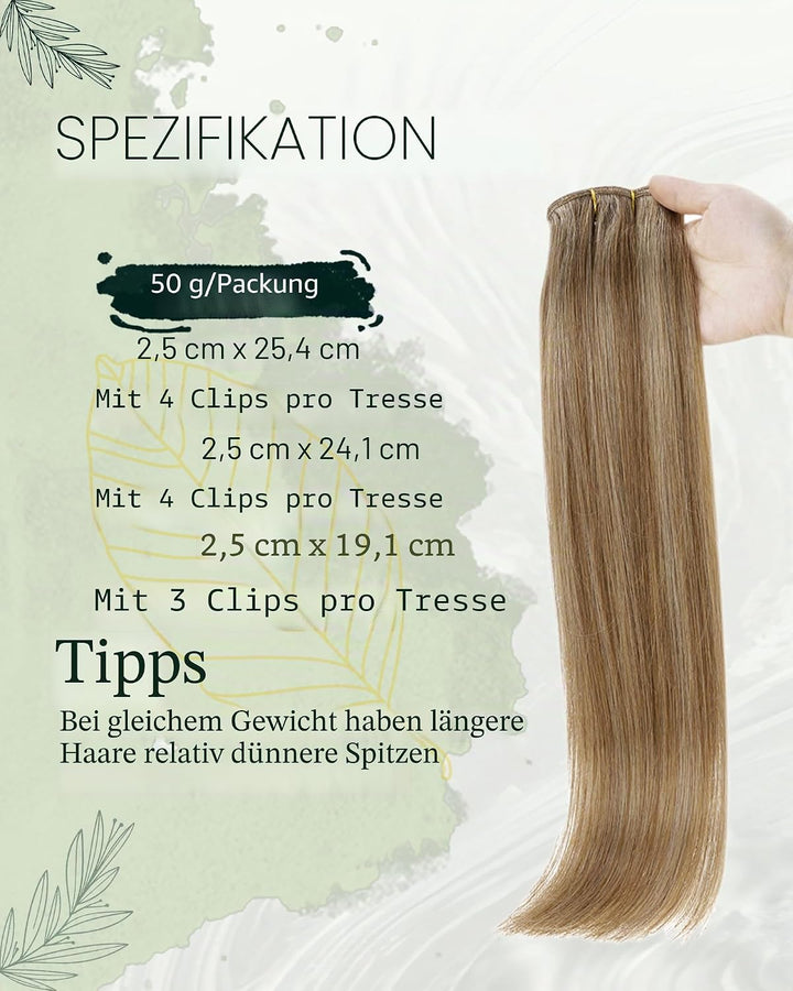 RUNATURE Clip in Extensions Echthaar Braun Highlight Blond Echthaar Extensions Clip in 30cm Kurz Ech