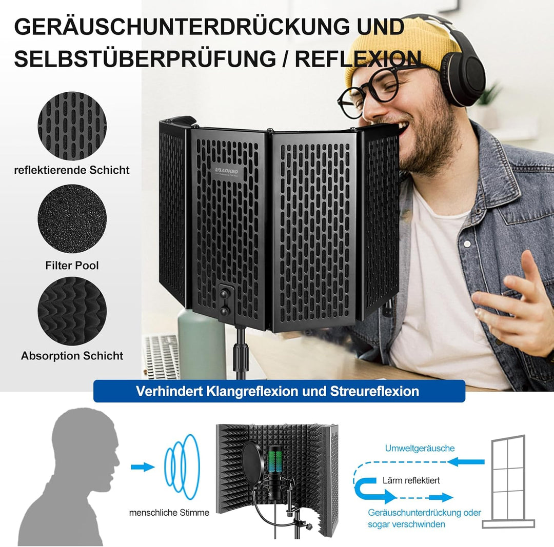 aokeo Mikrofon Isolation Shield mit Pop Filter Stativ Ständer, High Density Absorber Schaum zum Filt