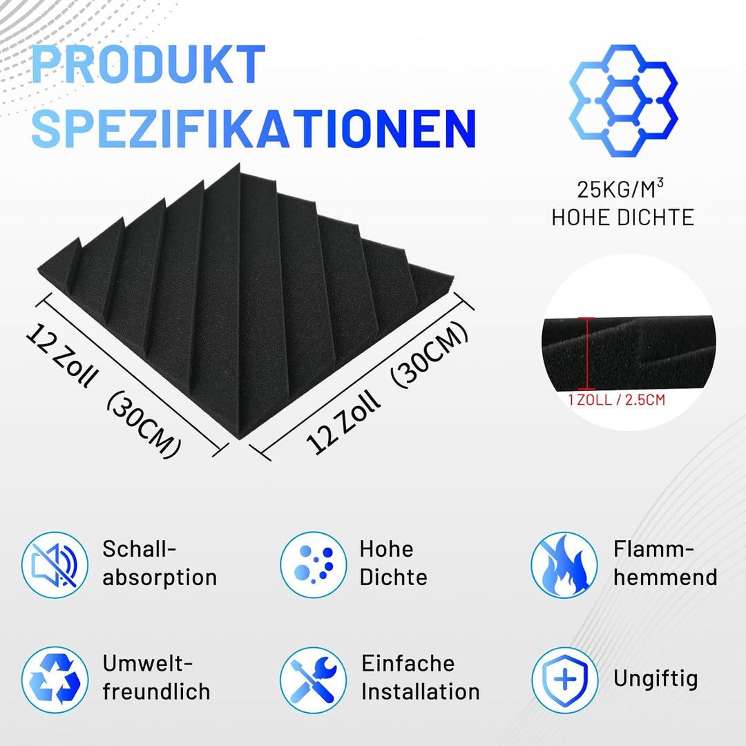 48 Stück Akustikschaumstoff Schallschutzplatten, 2.5 X 30 X 30CM Schalldämmung Akustikpaneele, Schal