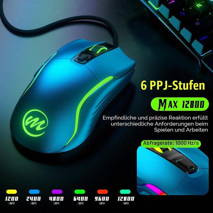 memzuoix Gaming Maus mit Kabel und LED-Lichtern – 12.800 DPI einstellbar, 6 Tasten, 12 RGB-Modi, Erg