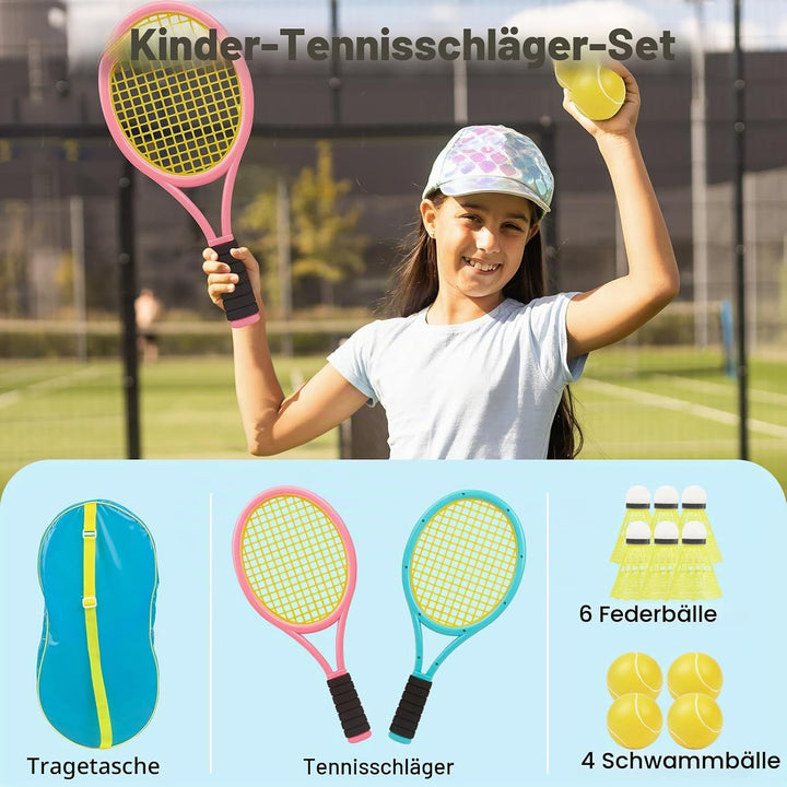 Kinder Tennisschläger Set mit Tasche – 2-in-1 Tennisschläger &amp; Badmintonschläger, 4 Schaumbälle + 6