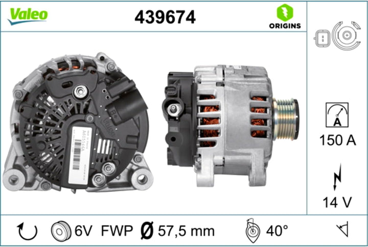 VALEO 439674 Generator Ladestrom des Generators: 150 Amp Rippen: 6 rippen Riemenscheibe Ø: 57,5 mm S