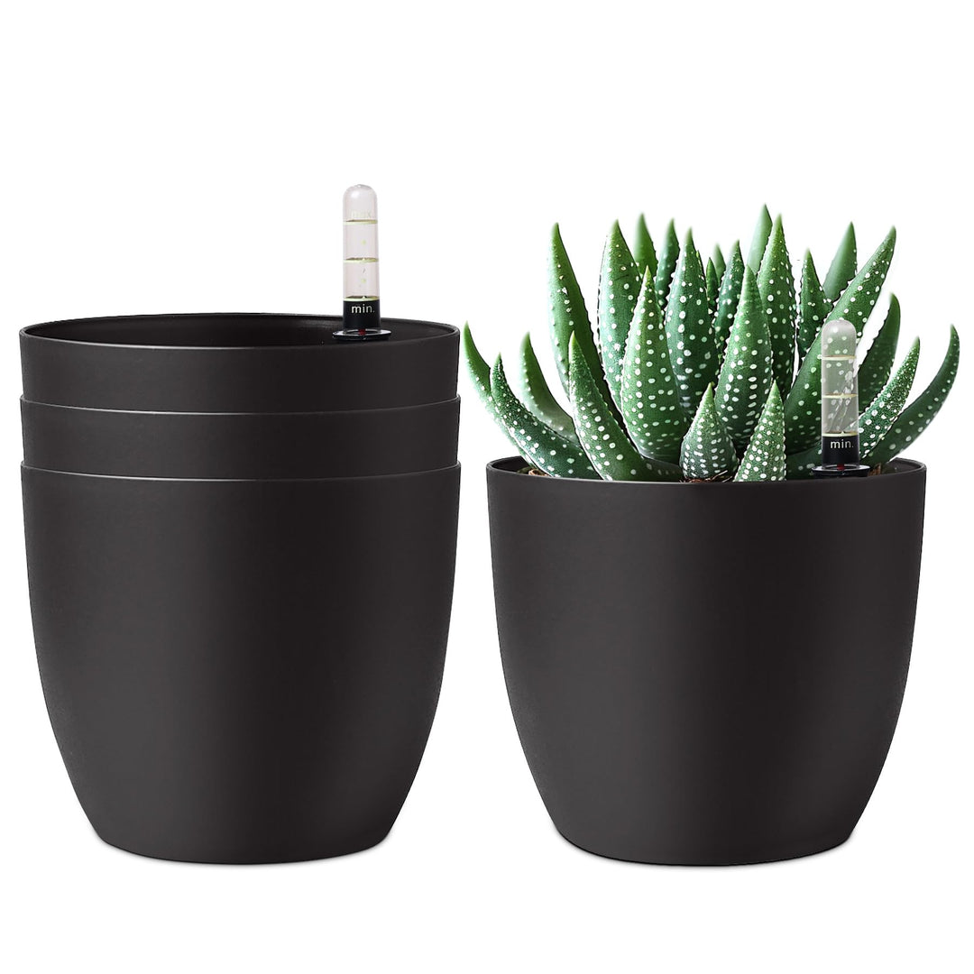 T4U 15cm Selbstwässernder Blumentopf mit Wasseranzeiger Schwarz 4er-Set, Selbstbewässerung Wasserspe