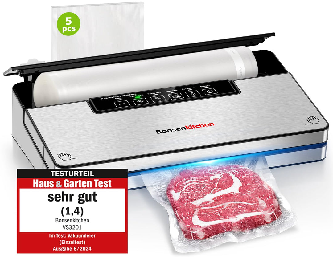 Bonsenkitchen Vakuumierer, Stark Vakuumiergerät mit 5 Modi, 8 L/Min, Globefish-Technologie für Konti