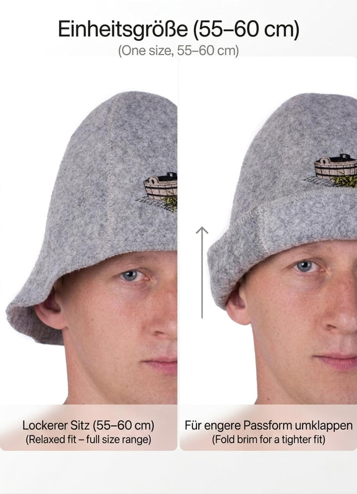 Ger3as Saunahut Wolle mit Stickerei für Damen und Herren, Wellness Mütze Premium Qualität Bad Saunak