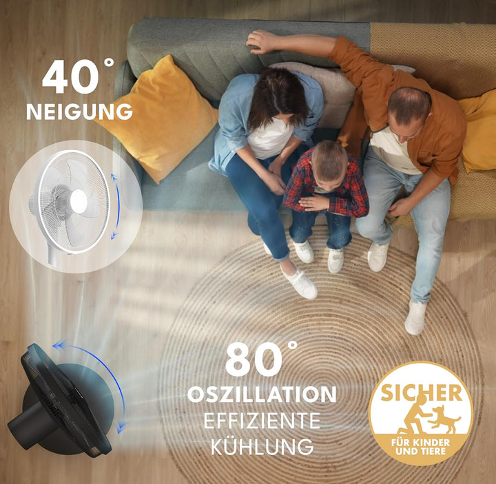 LEBENLANG Stand Ventilator leise - Mit Fernbedienung & LED-Display & 5 Modi I Oszillierend Energiesp