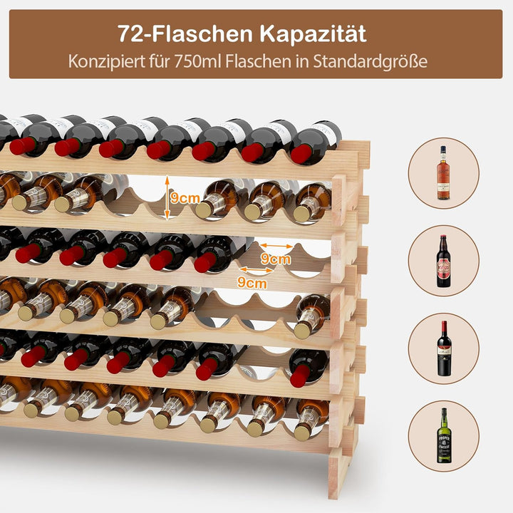 GIANTEX Weinregal Stapelbar Holz, Flaschenregal für 72 Flaschen, Weinschrank Weinständer mit 6 Ebene