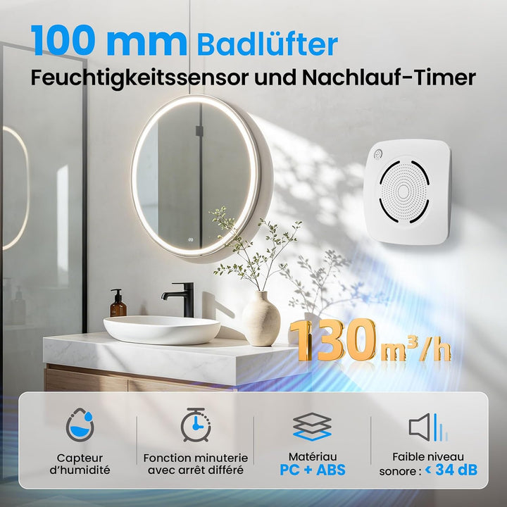 MOCINE Badlüfter 100mm mit Feuchtigkeitssensor und Timer, Weiss | PC+ABS, leise und effizient, Doppe
