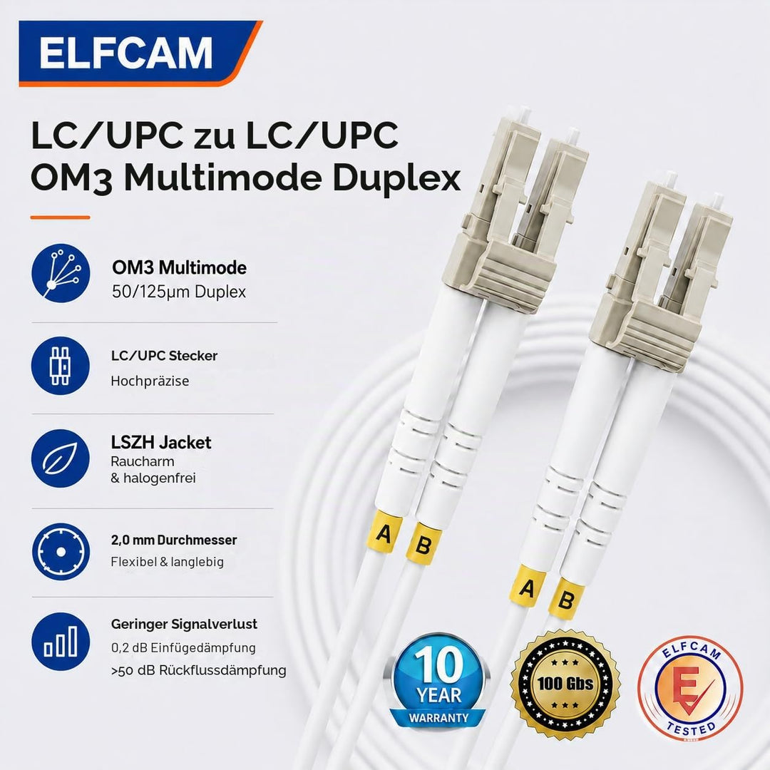 Elfcam® - 15m LWL Glasfaser-Kabel LC/UPC auf LC/UPC 50/125um OM3 Multimode Duplex LSZH, Farbe Weiss,