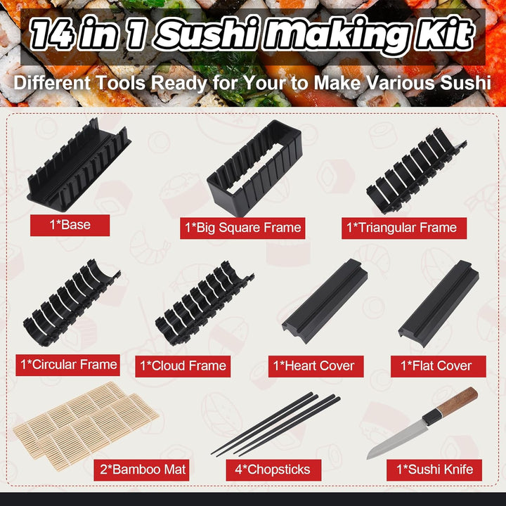 MLRYH Sushi-Macher Set, 14-tlg. Sushi-Kit für Anfänger mit Rolle, Schneideform, Messer, Matten und S