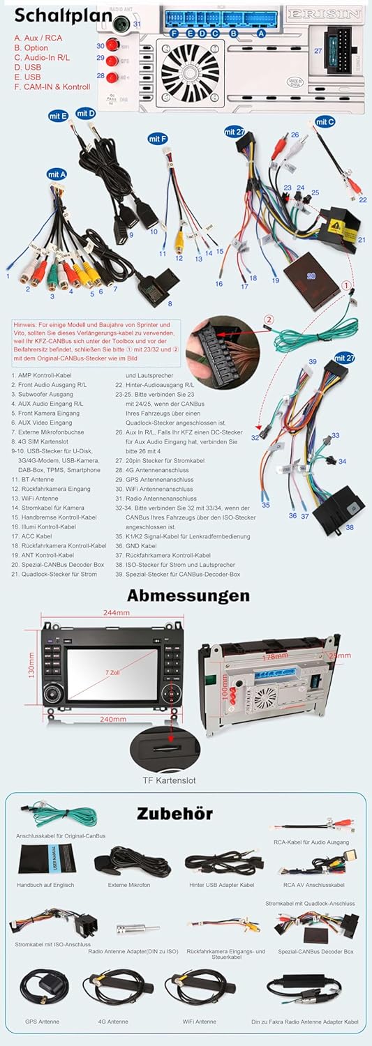 Erisin 7 Zoll 8-Kern 4GB+64GB Android 16 Autoradio Bluetooth GPS Navi für Mercedes A-Klasse W169 B-K