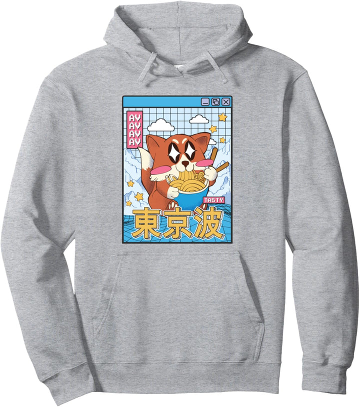Happy Fox isst Ramen Vaporwave Ästhetik Anime Kawaii Fox Pullover Hoodie