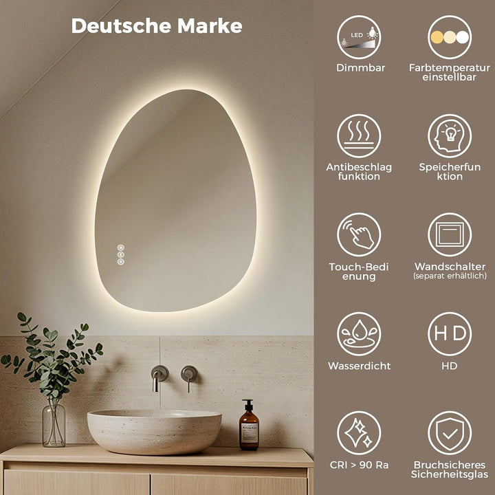 S'AFIELINA Spiegel mit Beleuchtung Asymmetrischer LED Badspiegel 75 × 55 × 2,5 cm (H × B × T) mit To