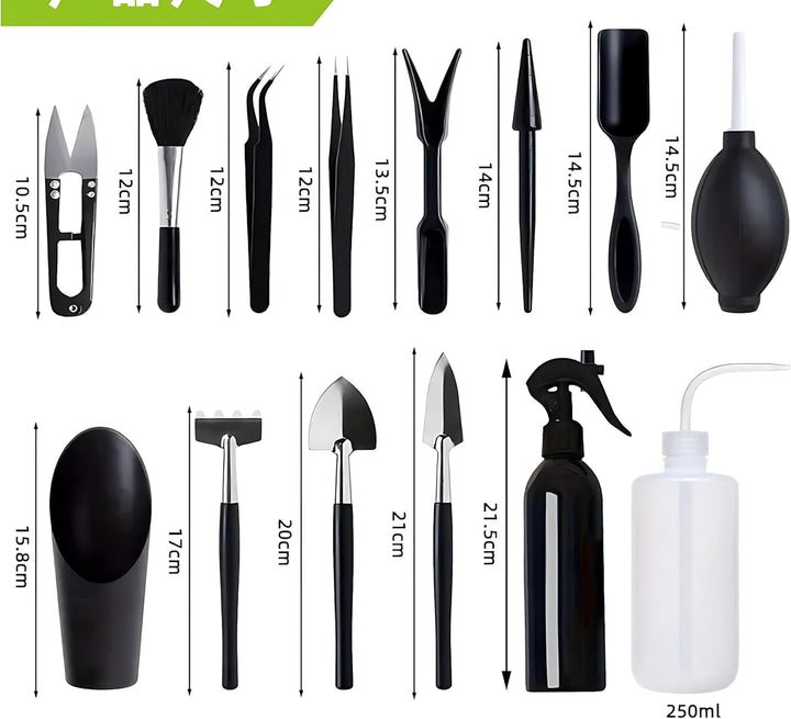 AMSAMOTION Bonsai Werkzeug Set 14 teilig mit praktischem, Mini Gartenwerkzeug für Zimmerpflanzen und