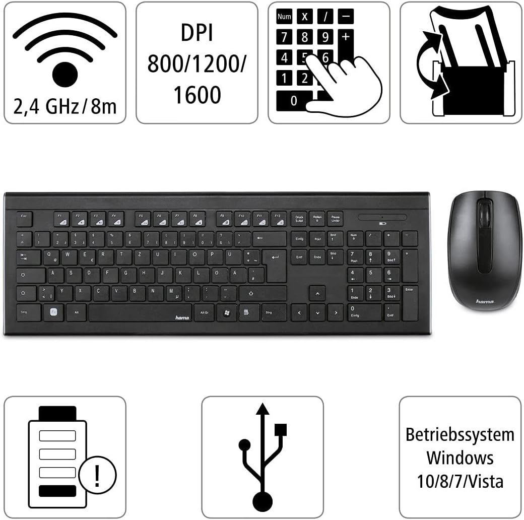 Hama Funk-Tastatur mit Maus Set (deutsches QWERTZ Tastenlayout, 12 Media-Tasten, kabellose optische