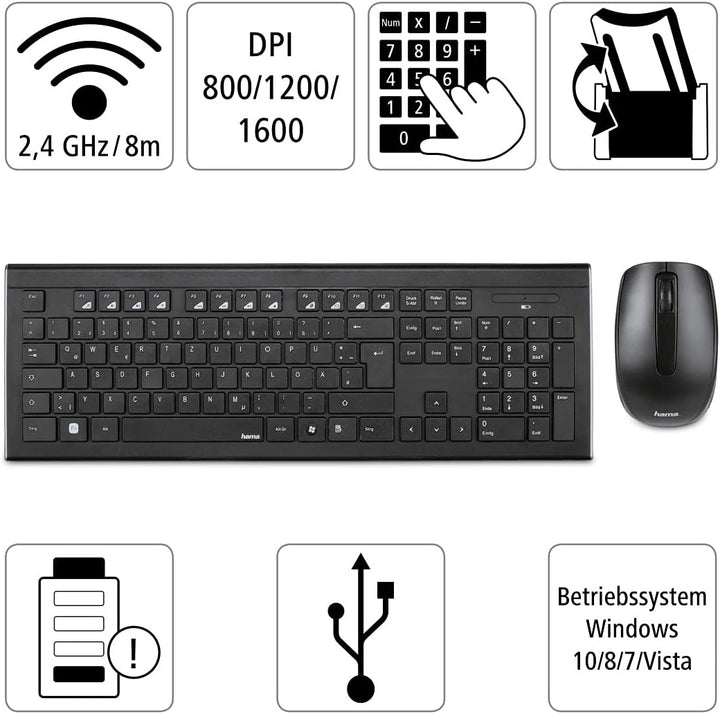 Hama Funk-Tastatur mit Maus Set (deutsches QWERTZ Tastenlayout, 12 Media-Tasten, kabellose optische