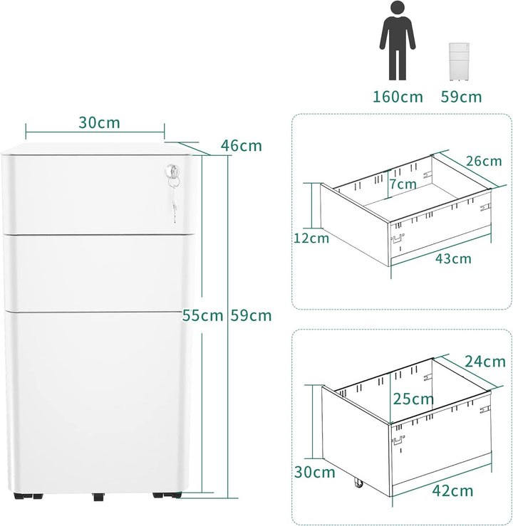 YITAHOME Rollcontainer, Abschliessbar Rollcontainer mit 3 Schubladen, Metall Mobiler Aktenschrank Bü