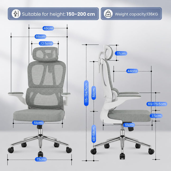 FLEXISPOT Ergonomischer Bürostuhl, Schreibtischstuhl mit 2D-Kopfstütze, Klappbare Armlehnen &amp; Dynami