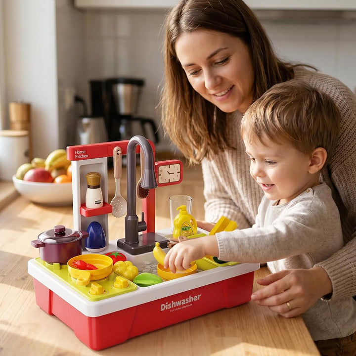 Kinder Küchenspüle Spielzeug Set mit Wasserkreislauf &amp; Fliessendem Wasser, Geschirrspüler, Spülbecke