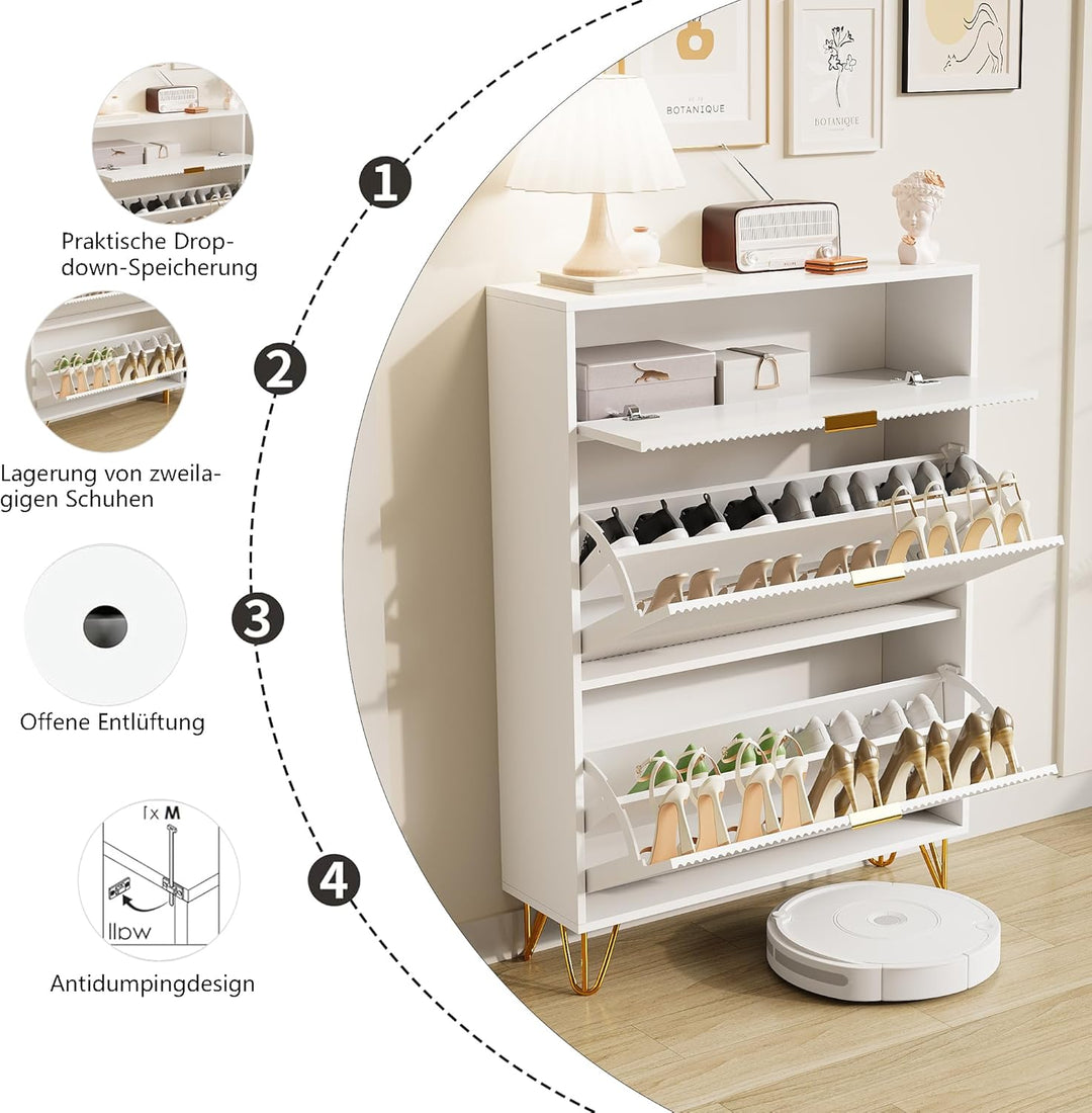Schuhschrank mit 3 Klappen, Schuhregal, Shoe Cabinet weiss, schuhkipper schmal mit 6 Fächern, schuhs