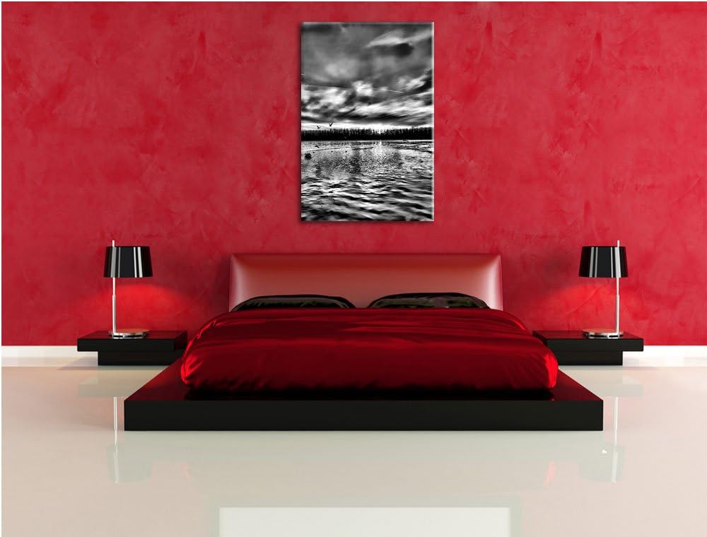 Pixxprint Schwäne im Sonnenuntergang / 100x70cm Leinwandbild bespannt auf Holzrahmen/Wandbild Kunstd