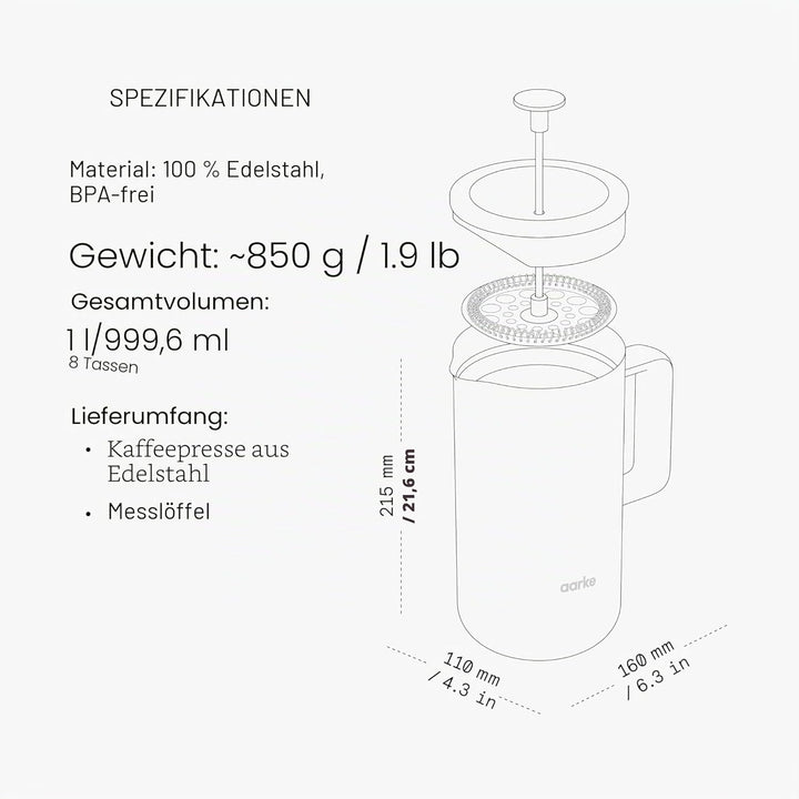 aarke Coffee Press – Premium Kaffeepresse aus Edelstahl im schwedischen Design, Doppelwand-Vakuumiso